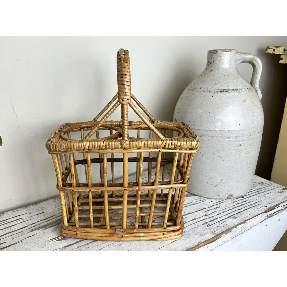 Vintage Bamboo Wicker 2 Bottle Wine Carrier Picnic Caddy Boho Barware Basket